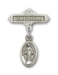 Sterling Silver Baby Badge with Miraculous Charm and Godchild Badge Pin