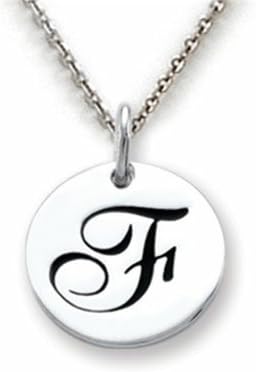 Stellar White Sterling Silver Script Initial "F" Disc Pendant w/Chain