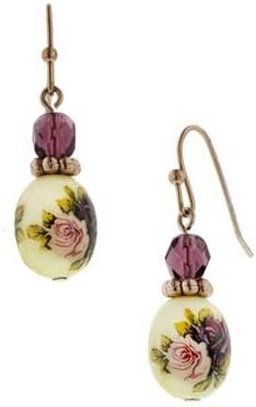 1928 Jewelry Manor House Rose Gold-Tone Floral Decal Oval Bead Drop Earrings