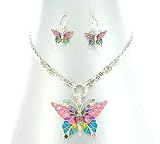 Beautiful Fancy Colorful Butterfly Charm Necklace & Matching Earrings Set
