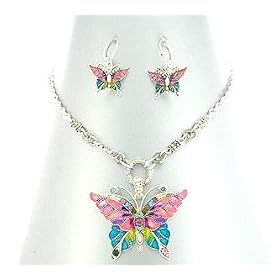 Beautiful Fancy Colorful Butterfly Charm Necklace and Matching Earrings Set