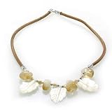 Leather Necklace with Silver, Mother of Pearl Leaves, Citrine, Fresh Water Pearls and Sterling Silver Rhodium Plated Lobster Lock