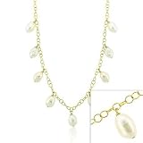 Vermeil (24k Gold over Sterling Silver) Genuine Freshwater Cultured White Pearl Nugget Stone Rolo Link Dangle Chain Necklace