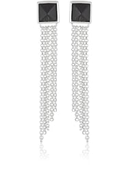Sterling Silver Onyx Square and Tassel Drop Post Earrings