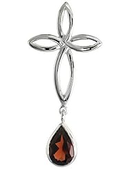 Sterling Silver Celtic Knot Cross Tear Drop Pendant w/ Natural Garnet 1 3/4 inch (40 mm) tall