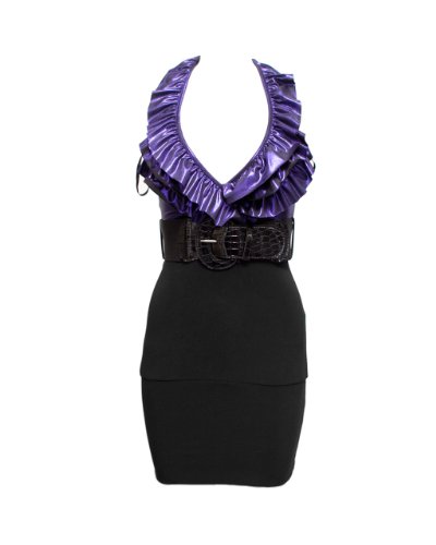 Ladies Purple Metallic V Cut Ruffled Halter Top Black Dress with Belt