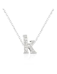 Alexander James White Gold Rhodium Plated Micro Pave Cubic Zirconia K Initial Pendant with Lobster Clasp set in Silvertone All pendants come with 16 Inch chain.