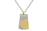 14K White and Yellow Gold Matte-Finish Two-Plate Heart Pendant, Enhanced with Pave Set Diamonds, Sliding on a 17 White Gold Open-Link Necklace.