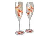 ArtisanStreet's Flying Hearts Champagne Flutes. Set of Two. Each Glass is Hand Painted in Design of Whimsical Red Flying Hearts. One of a Kind, Signed by Artisan.