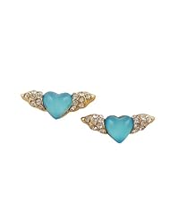 Cute Small 3/4" Gold Tone Flying Heart Angel Wings Stud Earrings with Sparkling Clear Crystals and Iridescent Aqua Blue Heart
