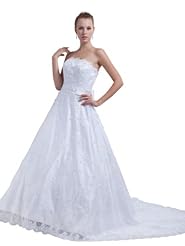 A-line Strapless Spring Fall Beaded  Lace Sequined Satin Wedding Dress  with a Chapel Train  With a Bow(s) and a Ribbon  and a Sash 