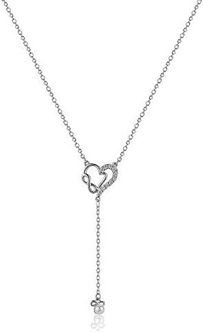 Sterling Silver Cubic Zirconia Dangling Simulated Glass Pearl Infinity Heart Necklace
