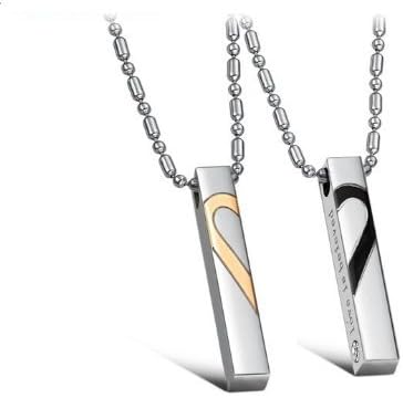 Stainless Steel Couple "Love is Beloved" Heart Pendant Necklace Set His and Hers w/ Crystal CZ Rhinestone Stone