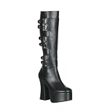 Sexy Heeled Boots 4 3/4 Inch Women's Gothic Platform Knee Boot Buckles Black