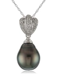 10k White Gold 9-9.5mm Tahitian Cultured Pearl and Diamond Pendant Necklace (0.07 cttw, G-H Color, I2-I3 Clarity), 17"