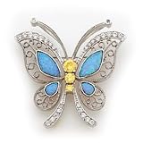 Sterling Silver Blue Opal with Yellow and Clear CZ (Cubic Zirconia) Butterfly Pin