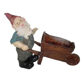 17 Garden Gnome with Wooden Wheelbarrow by Garden Gnomes