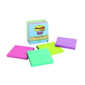 Post-it Notes, Super Sticky Recycled Pad, 3 Inches x 3 Inches, Tropical Colors, 65 Sheets per Pad, Six Pads per Pack (654-6SST): Office Products
