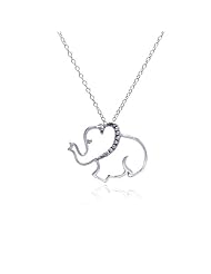 Rhodium Plated 925 Sterling Silver Cubic Zirconia CZ Elephant Outline Charm Pendant Necklace with Link Chain