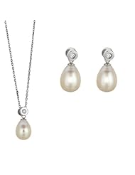.925 Sterling Silver Fresh Water Pearl CZ Teardrop Necklace & Earrings Set