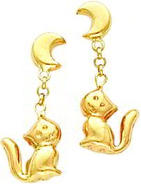 14K Yellow Gold Moon & Cat Dangle Earrings Jewelry