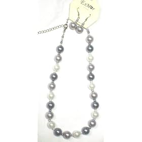 One Strand Simulated Ivory and Dark Pearls Kutu Choker Necklace Earrings for Women Teens