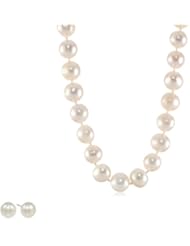 Stainless Steel 9-10 mm Freshwater Cultured Pearl Necklace and Earrings Jewelry Set