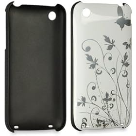 White hard back case with Silver Butterfly/flower design for Apple iPhone 3g/3gs