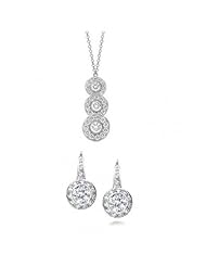 Bling Jewelry 925 Silver Pave CZ Vintage Triple Circlet Pendant and Earrings Set