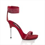 Women's 4 1/2 Inch Stiletto Heel Mini-Platform Sandal With Ankle Cuff And Rhinestones (Red/Nubuck;5)