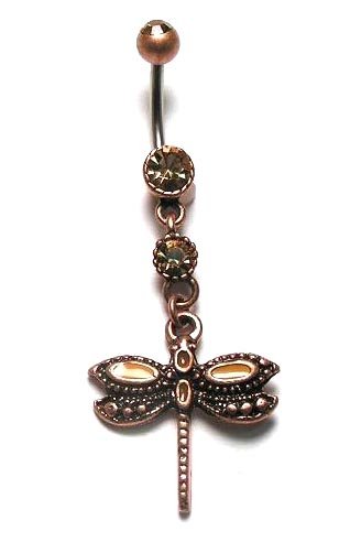 Stainless Steel Dragonfly Belly Ring with Brown CZ