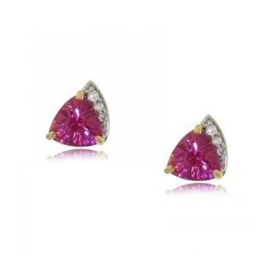 Yellow Gold Earrings w Created Pink Sapphire & Diamonds