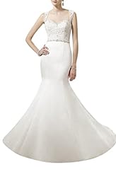 Satin Mermaid Natural   Waistline Open-Back Lace Spaghetti Strap Wedding Dress 