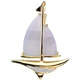 14K Yellow Gold Blue Chalcedony and Diamond Sailboat Brooch/Pendant