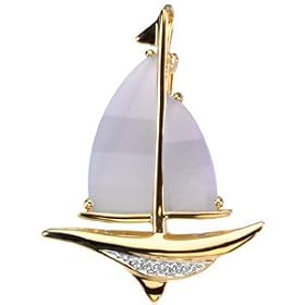 14K Yellow Gold Blue Chalcedony and Diamond Sailboat Brooch Pendant by Gems-is-Me