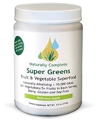 Naturally Complete Organic Super Greens (Delicious Apple Flavor) Certified Organic Fruit & Vegetable Superfood (Vegetarian Ingredients) Naturally Alkalizing 10,000 ORAC 10+ Vegetables/5+ Fruits in Each Serving Dairy, Gluten and Soy Free - Net Wt. 9.5 oz. (270g) Serving Size: 1 Level Scoop (9g) Servings per Container: 30
