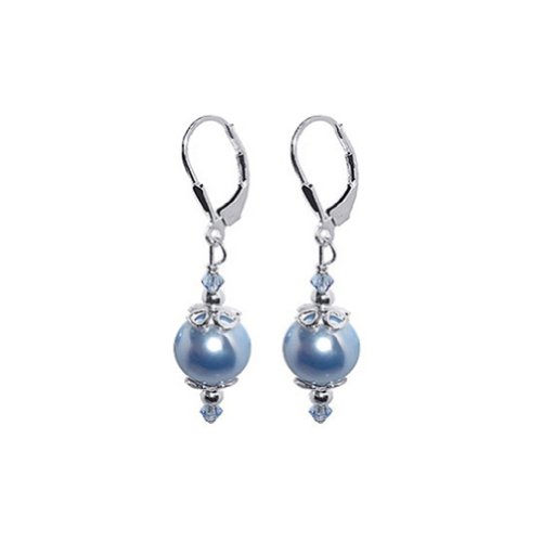 SCER033 Sterling Silver Blue Simulated Pearl and Crystal Handmade Earrings Made with Swarovski Elements
