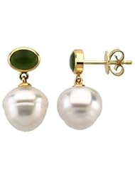 Jewelplus South Sea Cultured Pearl & Genuine Jade Earrings 14K Yellow Pair 08.00X06.00Mm/12.00Mm