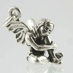 Small Three Dimensional Pretty Sitting Fairy Pendant or Charm in Sterling Silver, #11852