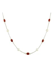 Sterling Silver with 10 Freshwater Pearls and 7 Carnelian Oval Cabochon Necklace, 18"