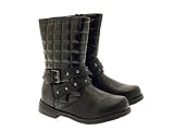 CHILDRENS GIRLS KIDS COMFORTABLE QUILTED BIKER BUCKLE ANKLE STUDDED LEATHER STYLE SMALL HEEL STRAP BOOTS SHOES BLACK SIZE 6 - 12