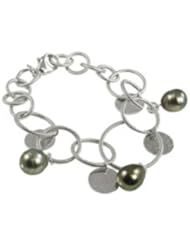 Sterling silver platinum wrapped 9-10mm Tahitian cultured pearl and textured disc drops bracelet, 7.5"