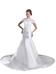 Satin Beaded Lace Sweetheart Mermaid Short Sleeves  Dress with a Chapel Train 