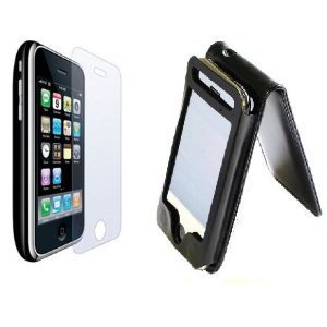 Apple iPhone 4 Black Leather Flip Skin Cas + 6x Clear Screen Protectorse