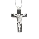 Stainless Steel Black Carbon Fiber Crucifix Cross with Jesus Christ Pendant Necklace
