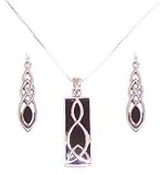 Solid .925 Sterling Silver Genuine Black Onyx Celtic Pendant Necklace Earring Set