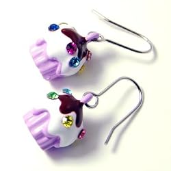 Purple Birthday Cupcake Dangle Charm Earrings