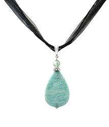 Necklace - N64 - Genuine Semi Precious Gemstone on Five-Strand Organza and Cotton Cord + 2" Extension Chain - Teardrop Shape ~ Amazonite