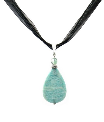 Necklace – N64 – Genuine Semi Precious Gemstone on Five-Strand Organza and Cotton Cord + 2″ Extension Chain – Teardrop Shape ~ Amazonite