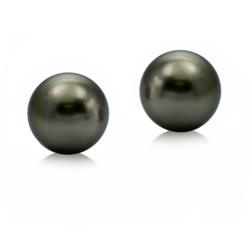 14k White Gold 8-9mm Black South Sea Tahitian Pearl High Luster Stud Earring Perfect Round
